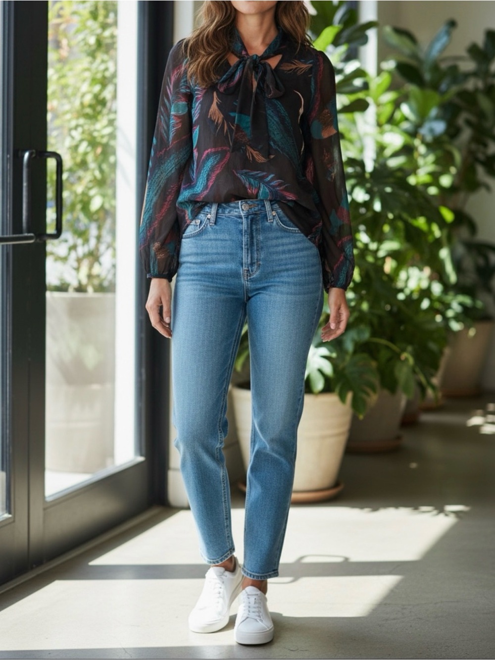 Express Black Sheer Tie-Front Blouse with Teal & Rust Feather Print